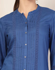 Rayon Slub Tunic with Pleated Yoke & Lace-Trimmed Mandarin Collar