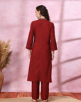 Solid Cotton Slub A-Line Kurta Set with Floral Embroidery