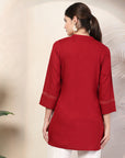 Rayon Slub Tunic with Pleated Yoke & Lace-Trimmed Mandarin Collar
