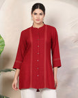 Rayon Slub Tunic with Pleated Yoke & Lace-Trimmed Mandarin Collar