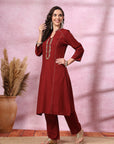 Solid Cotton Slub A-Line Kurta Set with Floral Embroidery