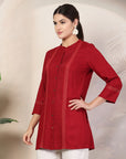 Rayon Slub Tunic with Pleated Yoke & Lace-Trimmed Mandarin Collar
