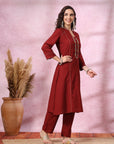 Solid Cotton Slub A-Line Kurta Set with Floral Embroidery