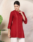 Rayon Slub Tunic with Pleated Yoke & Lace-Trimmed Mandarin Collar