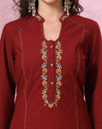 Solid Cotton Slub A-Line Kurta Set with Floral Embroidery