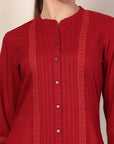 Rayon Slub Tunic with Pleated Yoke & Lace-Trimmed Mandarin Collar