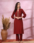 Solid Cotton Slub A-Line Kurta Set with Floral Embroidery