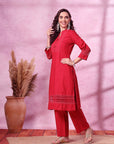 Solid Cotton Kurta Set with Schiffli Lace Detailing & Palazzo
