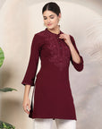 Rayon Lakhnavi Embroidered Kurti with Mandarin Collar