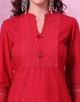 Solid Cotton Kurta Set with Schiffli Lace Detailing & Palazzo