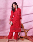Solid Cotton Kurta Set with Schiffli Lace Detailing & Palazzo