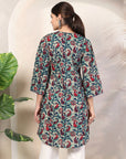 Teal Paisley Print Cotton Kurti with Mirror Work & Lace Sleeves