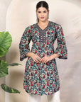 Teal Paisley Print Cotton Kurti with Mirror Work & Lace Sleeves