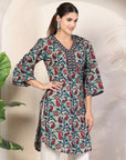 Teal Paisley Print Cotton Kurti with Mirror Work & Lace Sleeves