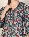Teal Paisley Print Cotton Kurti with Mirror Work & Lace Sleeves