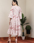 Floral Printed Flared Cotton Dress with Embroidered Yoke & Flared Sleeves