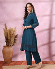 Solid Cotton Kurta Set with Schiffli Lace Detailing & Palazzo