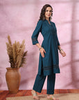 Solid Cotton Kurta Set with Schiffli Lace Detailing & Palazzo