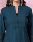 Solid Cotton Kurta Set with Schiffli Lace Detailing & Palazzo