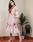 Floral Printed Flared Cotton Dress with Embroidered Yoke & Flared Sleeves