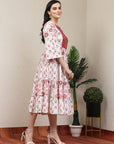 Floral Printed Flared Cotton Dress with Embroidered Yoke & Flared Sleeves