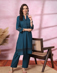 Solid Cotton Kurta Set with Schiffli Lace Detailing & Palazzo