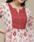 Floral Printed Flared Cotton Dress with Embroidered Yoke & Flared Sleeves