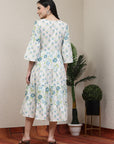 Floral Printed Flared Cotton Dress with Embroidered Yoke & Flared Sleeves