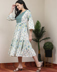 Floral Printed Flared Cotton Dress with Embroidered Yoke & Flared Sleeves