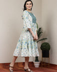 Floral Printed Flared Cotton Dress with Embroidered Yoke & Flared Sleeves