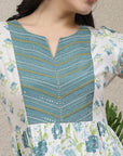 Floral Printed Flared Cotton Dress with Embroidered Yoke & Flared Sleeves
