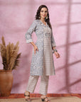 Floral Printed A-Line Poly Linen Kurta with Palazzo Set