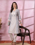 Floral Printed A-Line Poly Linen Kurta with Palazzo Set