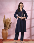 Solid Cotton Slub A-Line Kurta Set with Floral Embroidery