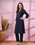Solid Cotton Slub A-Line Kurta Set with Floral Embroidery