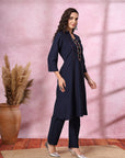 Solid Cotton Slub A-Line Kurta Set with Floral Embroidery