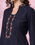 Solid Cotton Slub A-Line Kurta Set with Floral Embroidery