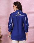 Royal Blue Cotton Top with Shirt Collar & Floral Embroidery