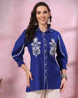 Royal Blue Cotton Top with Shirt Collar & Floral Embroidery