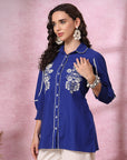 Royal Blue Cotton Top with Shirt Collar & Floral Embroidery