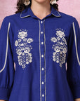 Royal Blue Cotton Top with Shirt Collar & Floral Embroidery
