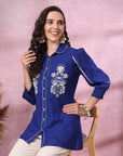 Royal Blue Cotton Top with Shirt Collar & Floral Embroidery