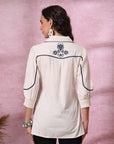 White Cotton Top with Shirt Collar & Floral Embroidery