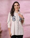 White Cotton Top with Shirt Collar & Floral Embroidery