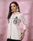 White Cotton Top with Shirt Collar & Floral Embroidery