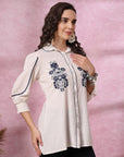 White Cotton Top with Shirt Collar & Floral Embroidery