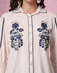 White Cotton Top with Shirt Collar & Floral Embroidery