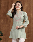 Green Embroidered Kurti with Lace Sleeves and Mandarin Collar
