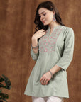 Green Embroidered Kurti with Lace Sleeves and Mandarin Collar