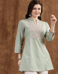 Green Embroidered Kurti with Lace Sleeves and Mandarin Collar